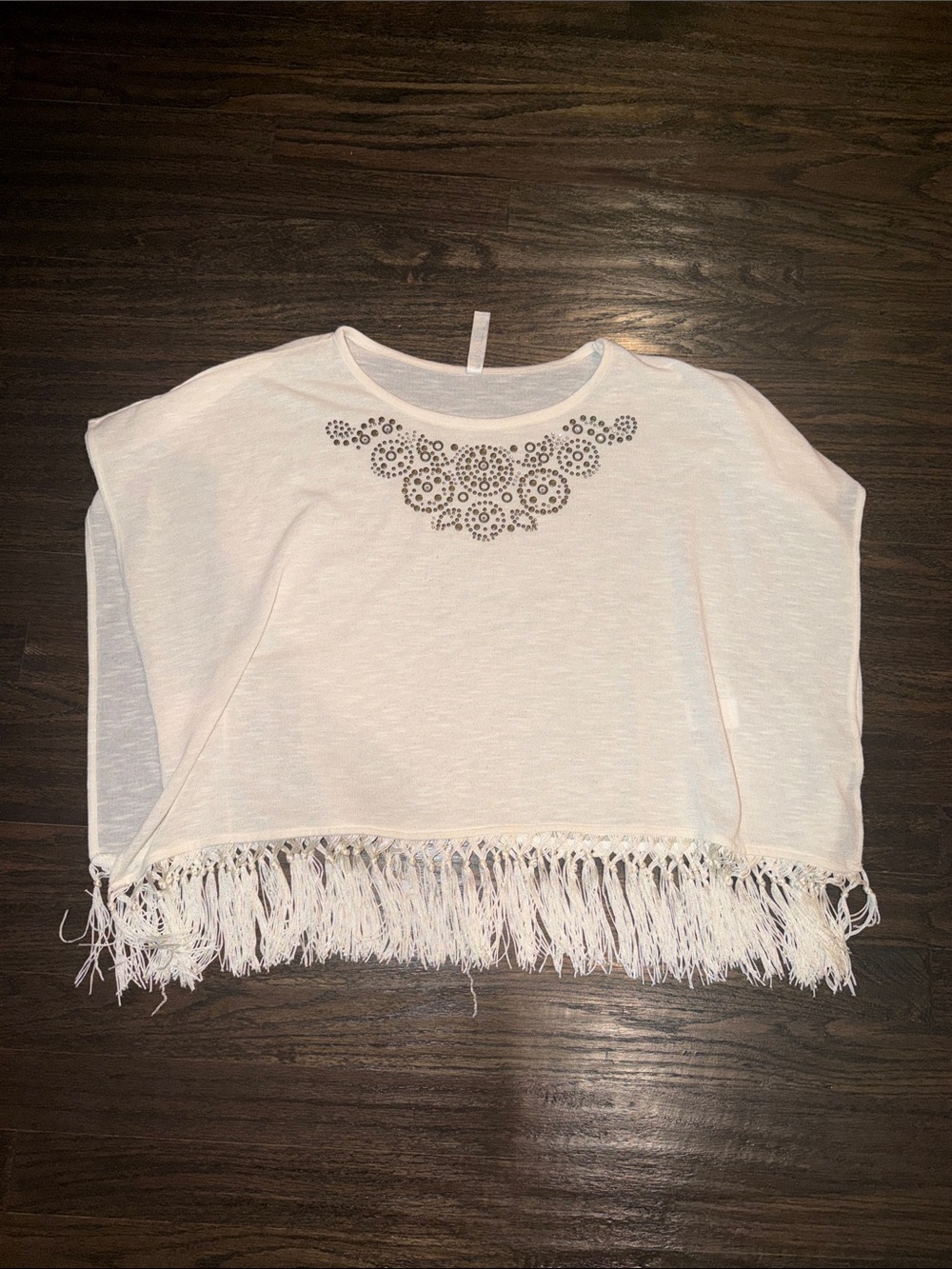Beautees White Fringe Crochet-Detail Crop Top